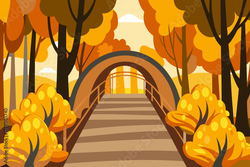 A picturesque autumn scene featuring a charming arched bridge leading through a vibrant forest with golden foliage and a bright, sunny sky