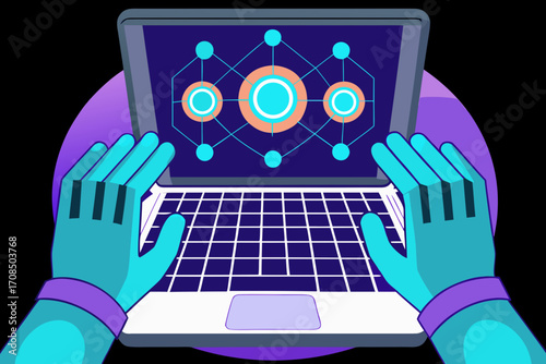 Hands wearing futuristic gloves interacting with a glowing digital network interface on a laptop screen, representing technology and connection