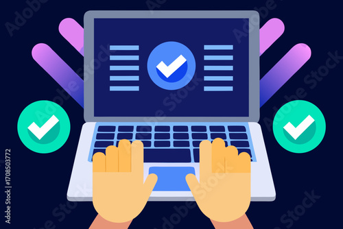 Hands typing on a laptop with checkmarks and glowing abstract shapes in the background, symbolizing approval and success