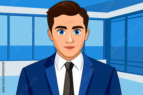A handsome businessman in a blue suit and tie, looking directly at the camera with a confident expression, set against a modern office background