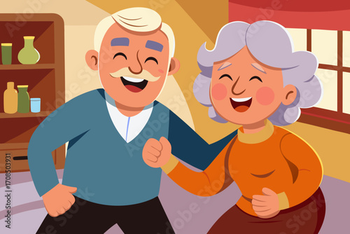 Happy elderly couple laughing together, celebrating a joyful moment in their retirement, with a warm and cozy home background