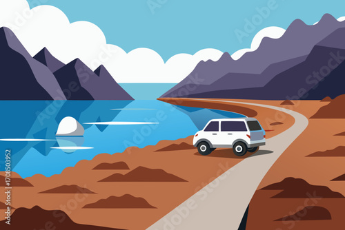 A white suv drives along a scenic coastal road with mountains and a calm blue lake under a cloudy sky