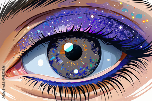 Closeup of a human eye with vibrant purple glitter eyeshadow and blue eyeliner, showcasing intricate detail and sparkling effects