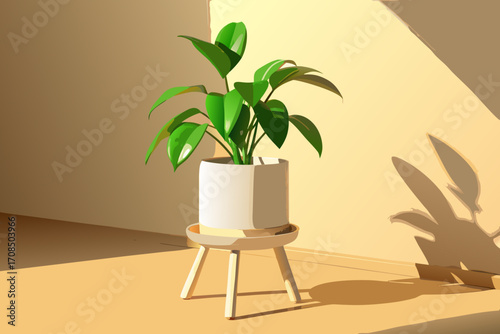 A healthy green potted plant sits on a wooden stand casting a shadow on a warmtoned wall with sunlight