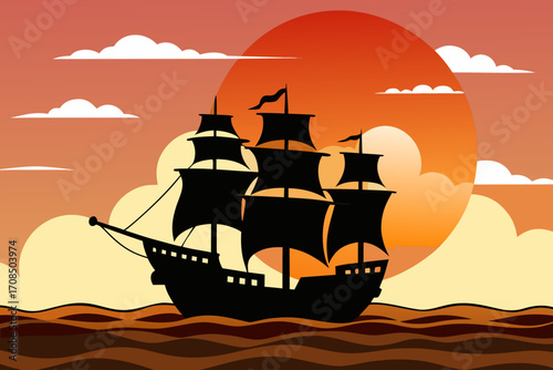 Silhouette of a majestic tall ship sailing on the ocean waves during a vibrant sunset with a large orange sun and scattered clouds in the sky