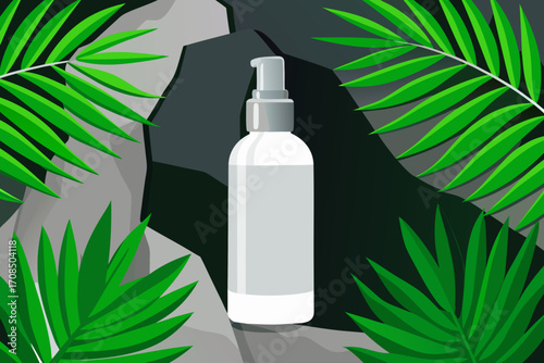 A white pump bottle with clear liquid sits in front of a rocky background surrounded by lush green tropical leaves, evoking a sense of natural beauty and skincare