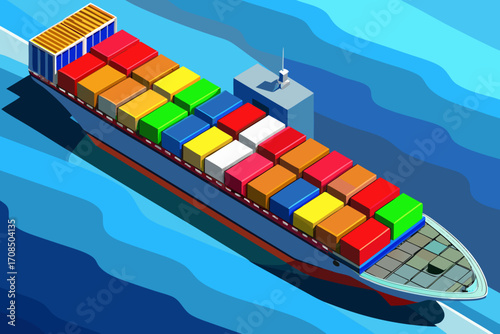 A large container ship filled with colorful cargo boxes sails across the blue ocean, symbolizing global trade and logistics