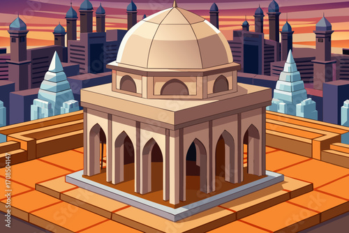 An ancient, ornate domed building with arched walkways sits on a raised platform, surrounded by a city skyline with pointed towers and minarets