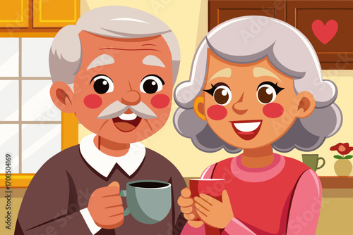 Happy elderly couple enjoying coffee or tea together in a cozy kitchen setting, smiling warmly at each other