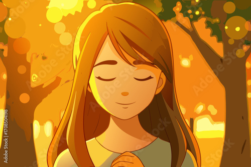 A young girl with closed eyes and a gentle smile, bathed in the warm golden light of sunset, with trees and bokeh in the background, conveying peace and serenity