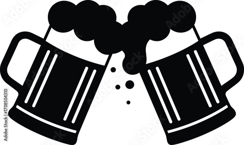 Beer mugs clinking icon, Oktoberfest celebration symbol, foam splash vector, German beer toast clipart, festive alcohol illustration, cheers