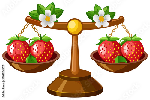 Cartoon illustration of a balance scale weighing strawberries