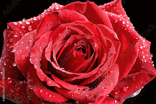A closeup, detailed view of a vibrant red rose with numerous water droplets glistening on its velvety petals against a stark, highlighting its intricate beauty and delicate texture