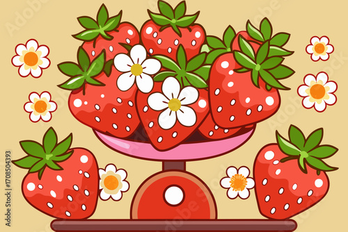 A vibrant illustration of ripe strawberries displayed in a vintage scale, surrounded by charming daisies, evoking a sense of fresh harvest and rustic charm
