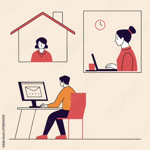 People working remotely from home, connected digitally, embracing modern flexible work styles.