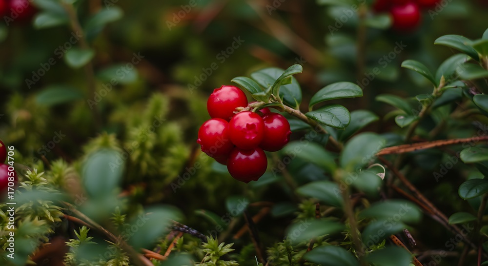 Obraz premium Red berries on bush closeup