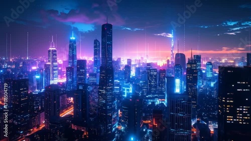 Wallpaper Mural Futuristic Cityscape at Night, Neon Lights, Aerial View Torontodigital.ca