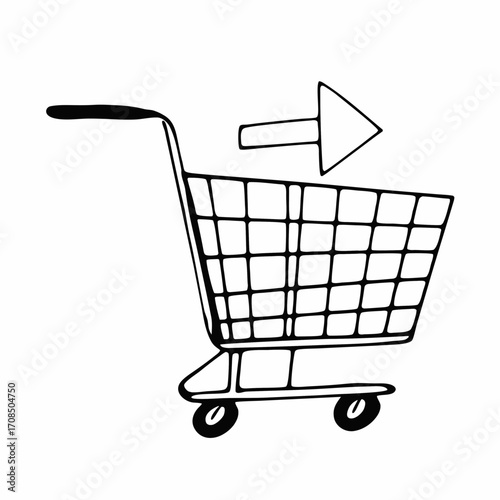 Shopping cart with arrow icon indicates next step purchase, online shop modern linear vector graphic