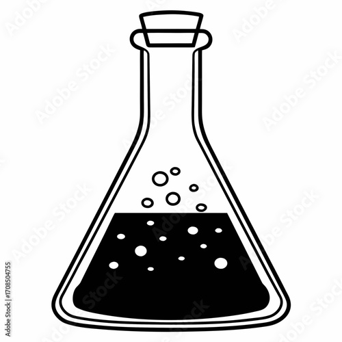 Unique science flask with bubbling liquid and stopper, perfect for educational chemistry concepts, vector