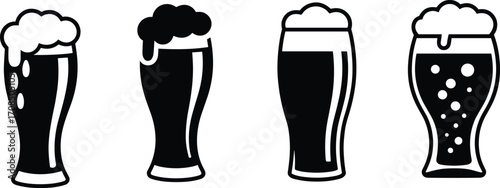 Black and white beer glass icons set, frothy beer pint silhouettes, different shapes and styles vector illustration