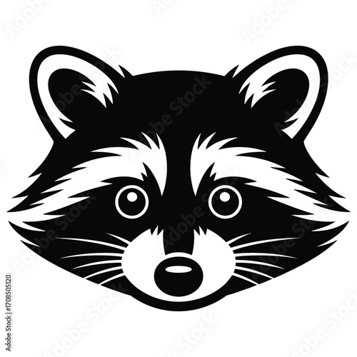 Minimalist black and white raccoon face logo with symmetrical design, expressive eyes, and clean bold line illustration