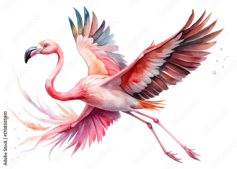 Fototapeta premium Watercolor flamingo in flight isolated on transparent background with pink feathers
