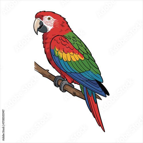 Vibrant scarlet macaw parrot perched on a branch with detailed feathers