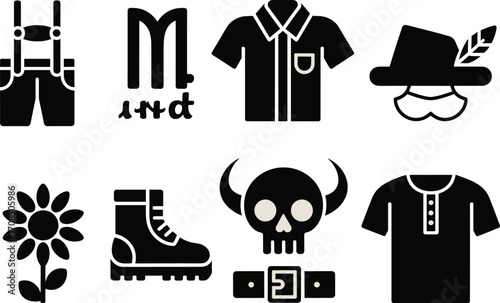 Black Oktoberfest icons set, traditional clothing, lederhosen, shirt, hat with feather, sunflower, boot, skull with horns, belt vector