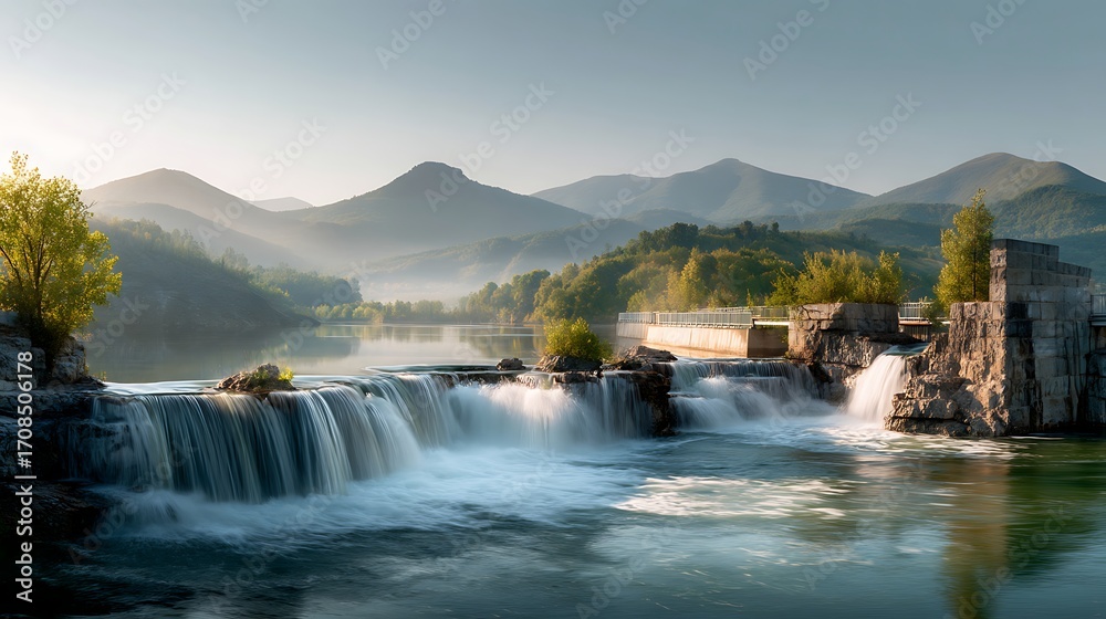 Fototapeta premium Serene Waterfall Landscape Surrounded by Majestic Mountains at Dawn