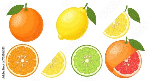 Vibrant Citrus Fruit Medley: Orange, Lemon, Lime, and Grapefruit Illustration