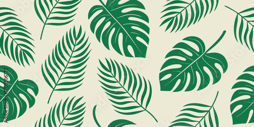 Seamless tropical vector pattern with palm leaves and monstera in vibrant green flat design with clean outlines, repeatable tile