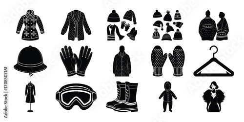 Winter Clothing Icons Set Black and White Illustrations