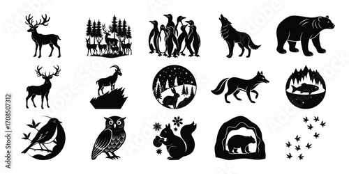 Collection of Black and White Wildlife Silhouettes for Design