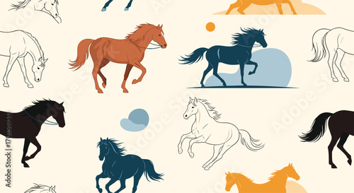 A vibrant collection of galloping horses and abstract shapes in diverse colors and styles.