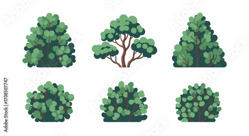 A pixel art collection of various green trees and bushes.