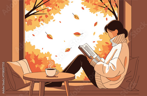 Woman reading a book by the window with autumn leaves and a cup of coffee