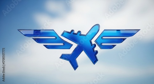Glossy Blue Airplane Logo with Wings on Gradient Sky Background