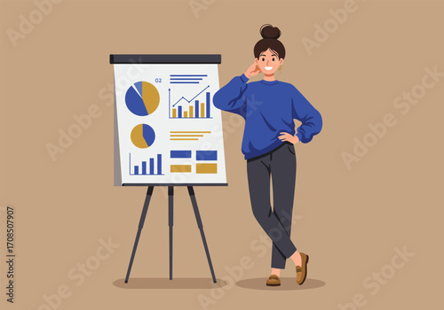 A confident woman in a blue sweater presents business data on a flip chart, showcasing pie charts and bar graphs, while leaning casually with a hand on her face in a vector illustration