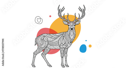 A majestic stag adorned with intricate tribal patterns stands proudly against a vibrant abstract background.