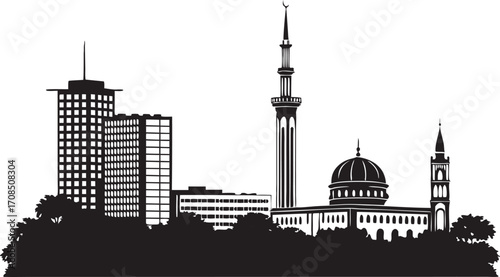 Vector art of nairobi skyline silhouette with mosque and building in black and white style