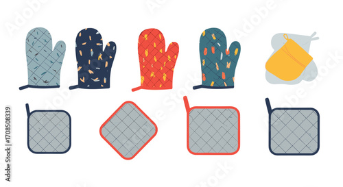 Illustrated collection of kitchen oven mitts and pot holders with various patterns and colors