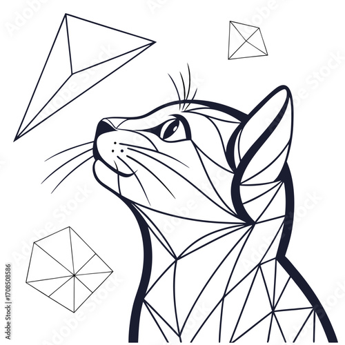 Geometric Cat Looking Up At Floating Shapes On White Background Keywords: cat, geometric, abstract, animal