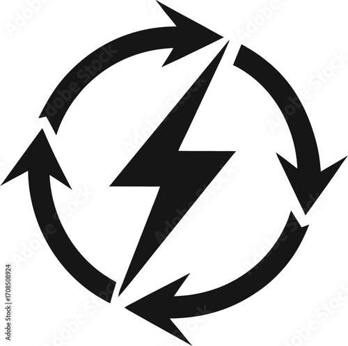 Electric lightning bolt with circular arrows, renewable energy, and recycling power icon