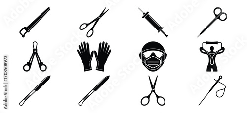 Medical Instruments and Protective Gear Black and White Vector Icons Set
