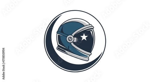 Blue Astronaut Helmet Emblem with a Star Reflection and Crescent Moon Frame.