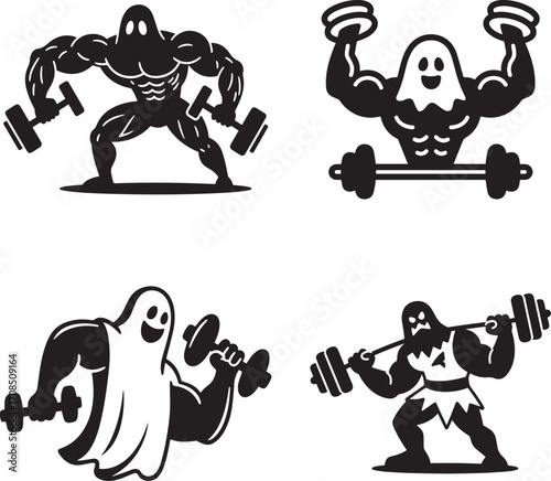 Silhouette illustrations of muscular Halloween ghosts performing various weightlifting or gym exercises