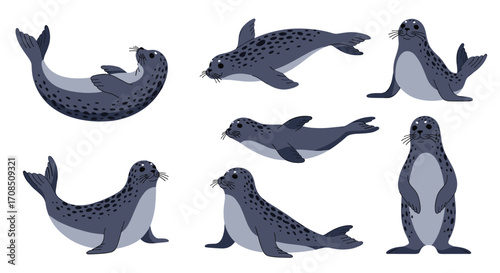 A collection of cute pixel art seals in various playful poses.