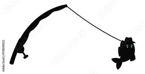 Vector art of silhouette of a fishing rod with a reel and a fish wearing a hat and tie