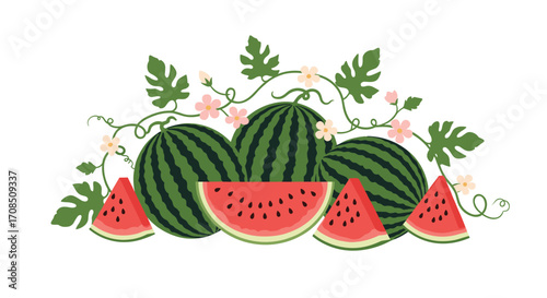 A delightful arrangement of fresh watermelons and green leaves.