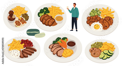 Delicious pixel art meals served with fries and vegetables for everyone.